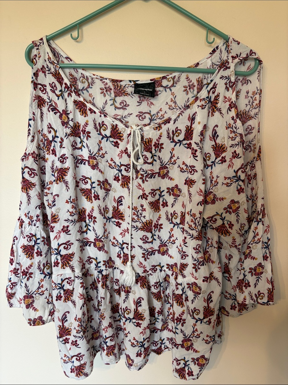 Wallpapher White Floral Tie-Neck Peasant Top
